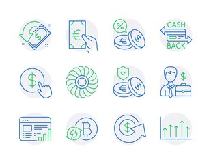 Finance icons set. Included icon as Currency exchange, Web report, Buy currency signs. Businessman case, Finance, Cashback symbols. Fan engine, Refresh bitcoin, Cashback card. Growth chart. Vector