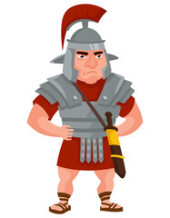 Roman warrior with hands on his belt. Male character in cartoon style.