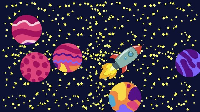 Cartoon Space. Cartoon rocket flies in outer space past the suspended planets, satellites and other objects. Flat loopback animation.