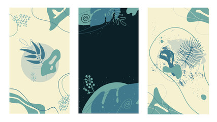 Set of Memphis floral backgrounds in minimal trendy style with abstract and liquid forms and lines. Simple designs for social media in pastel colors