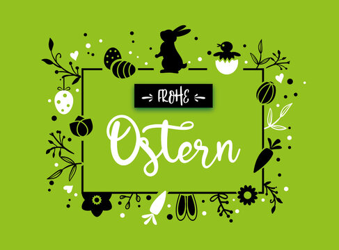 Frohe Ostern  Kalligraphie mit Symbolen - Grußkarte mit Osterhasen, Ostereiern, Blumen und Küken auf grünem Hintergrund