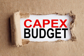 CAPEX BUDGET. text on white paper over torn paper background.