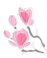 Spring postcard with a magnolia tree in bloom. Vector illustration in a hand-drawn style.