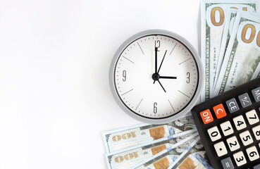 alarm clock, money and calculator on white background top view with place for text from left