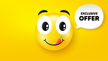 Exclusive offer. Yummy smile face with speech bubble. Sale price sign. Advertising discounts symbol. Yummy smile character. Exclusive offer speech bubble icon. Yellow face background. Vector
