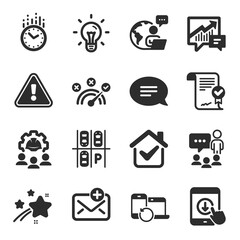 Set of Technology icons, such as New mail, Chat, Scroll down symbols. Engineering team, Accounting, Idea signs. Correct answer, Approved agreement, People chatting. Time, Recovery devices. Vector