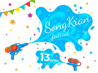 Naklejka premium Songkran thailand banner. Water festival party, cartoon liquid splash on summer fest. Thai culture, happy asian holidays recent vector poster. Illustration festival new year songkran, thai fest