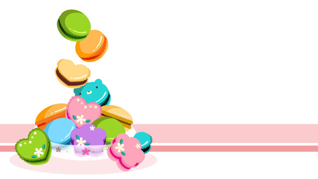 丸・花・ハートの形をしたカラフルなマカロンをお皿にのせて｜Place colorful macaroons in the shape of circles, flowers, and hearts on a plate