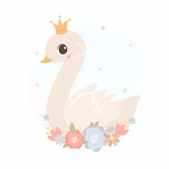 Children's print princess swan. Delicate pastel swan in flowers. Symbol of grace and ballet