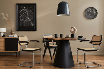 Modern composition of dining room interior with design wooden table, stylish chairs, decoration,...