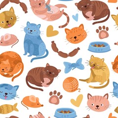Kitten pattern. Cartoon cat, cute animal seamless background. Doodle fun pets print, childish or veterinary textile exact vector illustration. Kitten animal pattern, playing and jump