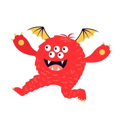 Cartoon joyful red monster isolated on white. Funny fluffy fantasy creature. Design for print, party decoration,  illustration,  sticker.