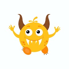 Cartoon horned funny smiling yellow  monster isolated on white.Design for print, party decoration,  illustration,  sticker.