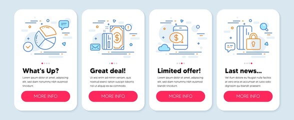 Set of Finance icons, such as Payment, Pie chart, Phone payment symbols. Mobile screen app banners. Blocked card line icons. Cash money, Presentation graph, Mobile pay. Private money. Vector