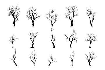 Collection different naked trees silhouettes. Hand drawn vector illustration
