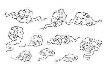 Hand drawn fantasy chinese clouds set on white background. Decorative asian element collection