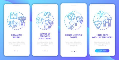 Religious faith value navy onboarding mobile app page screen with concept. Source of strength. Meaning of life walkthrough 4 steps graphic instructions. UI vector template with RGB color illustrations