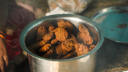 Thekua is an Indian sweet dish. popular in Uttar Pradesh, Bihar and Jharkhand. offering for the chhath festival.