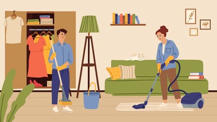 People cleaning living room. Family washing floor and doing homework in apartment. Clean day, man woman in house vector illustration. Family cleaning domestic house, do housework