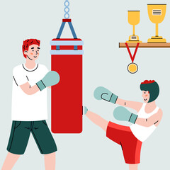 Close up view of father teaching child box fight, cartoon vector illustration. Parenting and family bonding sport activity of father and son banner concept.