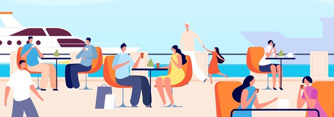 Summer outdoor cafe. Seaside restaurant, people in seaview cafeteria. Ocean vacation, travel time or relaxed. Man woman date, seasonal open air vector illustration. Summer cafe and restaurant outdoor