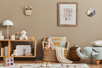 Stylish scandinavian kid room interior with toys, teddy bear, plush animal toys, rattan sofa,...