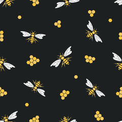Fototapeta na wymiar Seamless pattern with bees and honeycombs. For cover, print, background