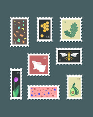Set of various beautiful post stamps. Vintage and modern style