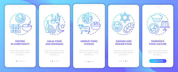Fototapeta na wymiar Food choices in different religions navy onboarding mobile app page screen with concepts. Faith walkthrough 5 steps graphic instructions. UI vector template with RGB color illustrations
