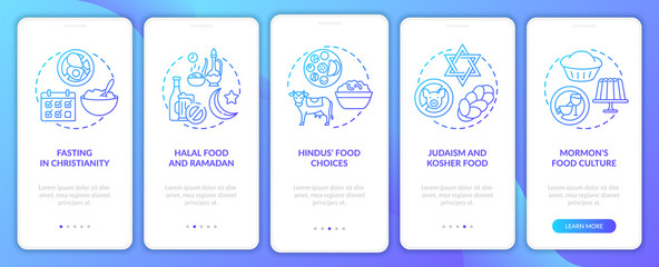 Naklejka premium Food choices in different religions navy onboarding mobile app page screen with concepts. Faith walkthrough 5 steps graphic instructions. UI vector template with RGB color illustrations