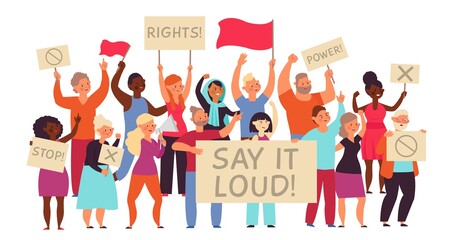 Demonstration activists. Women demonstrate power, protest people group holding placards. Worker crowd hold empty banner decent vector concept. Illustration protest people power, strong rally