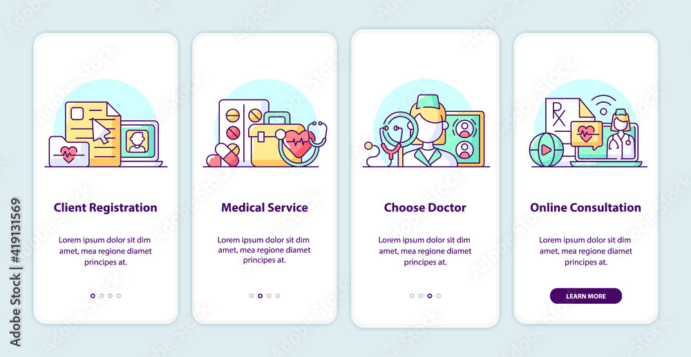 Wall mural modern health care onboarding app screen pages. smartphone application walkthrough with cartoon illu