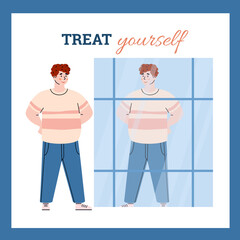 Happy smiling young man looks at his reflection in storefront with positive self acceptance, love treat, confidence and esteem. Vector square poster with lettering.