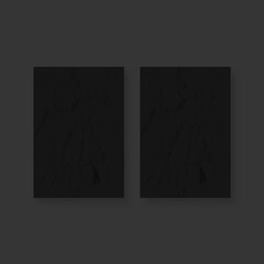 Two black crumpled paper sheet. Colored creased paper sheet. Crumpled texture effect. Vector