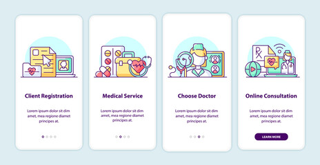 Modern health care onboarding app screen pages. Smartphone application walkthrough with cartoon illustrations. Mobile UI template with 4 steps. User interface design with simple purple color concepts