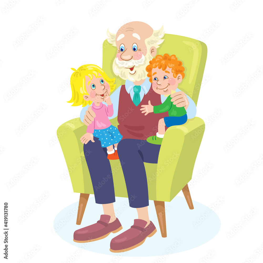 Poster Children sit in a chair with their beloved grandfather. In  cartoon style. Isolated on white background. Vector flat illustration.