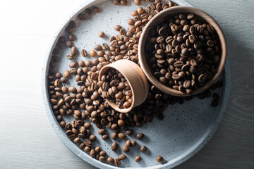 coffee beans on a gray tray