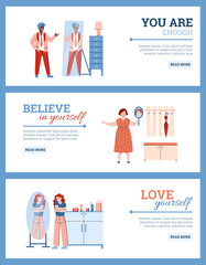 Concept of self acceptance, self-esteem and body positive. Happy people admiring on themselves in mirrors with believe, enough and love to self. Set of colorful vector banners.