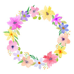 Watercolor bright spring wreath of simple flowers isolated on white background. Spring flower wreath is suitable for cards, invitations, banners.