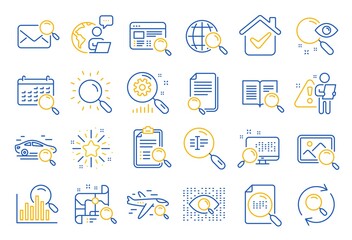 Search line icons. Photo indexation, Artificial intelligence, Car rental icons. Airplane flights, Web search engine, Analytics. Find photo, checklist document, artificial intelligence eye. Vector