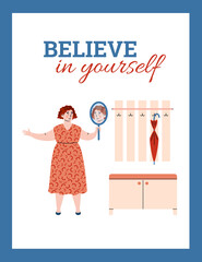 Believe in yourself concept banner with confident woman in front of the mirror, cartoon vector illustration on white background. Body positive and self-acceptance.