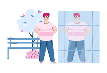 Unhappy man looks at reflection in storefront with dissatisfaction of personal appearance. Body rejection and self hate, negative self assessment and acceptance. Vector illustration