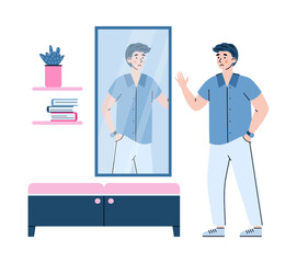 Non-confident young man cartoon character in front of a mirror, flat vector illustration isolated on white background. Problem of self-acceptance and love to own body.