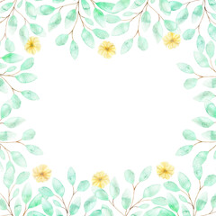 A square watercolor frame with soft yellow flowers and twigs of green leaves, a composition of summer flowers on a white background, a botanical illustration for packaging, wedding decoration, cards.