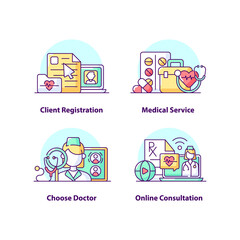 Client registration creative UI concept icon set. Medical service abstract illustration. Online consultation. Isolated vector conceptual art for UX. Color graphic design element pack