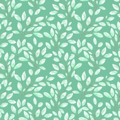 Fototapeta na wymiar Watercolor seamless pattern with soft green leaves, spring foliage on twigs on a green background, botanical illustration for pajamas, fabrics, dresses, greeting cards.