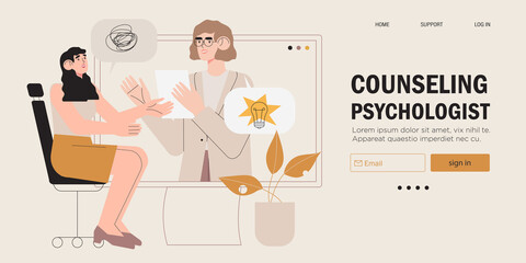 Psychological therapy counseling or online consultaion concept banner. Psycologist provide professional help to depressed person or resolve physical, emotional and mental health issues and crises.
