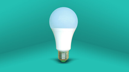 White LED light bulb isolated on turquoise color background.  Standing position.