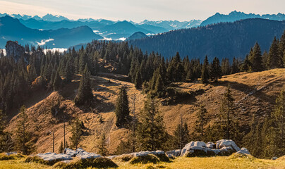 Beautiful alpine autumn or indian summer view at the famous Kampenwand summit, Aschau, Chiemgau, Bavaria, Germany