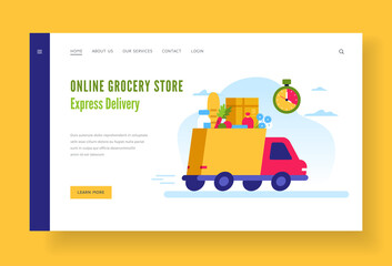 Grocery store. Express delivery. Modern truck delivering fresh groceries in time. Banner template